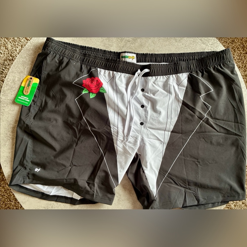 4XL Black and White Tuxedo Swim Shorts with Rose